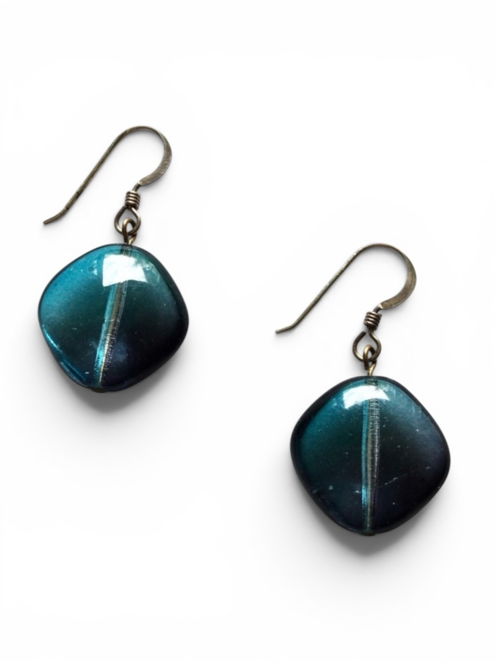 Vintage Handcrafted 925 Sterling Silver Teal Art Glass Dangle Earrings
